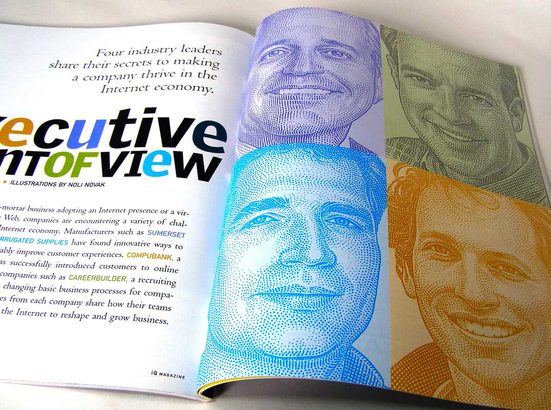 Immagine di una rivista aperta con quattro disegni grafici di volti e un testo di intervista ad un head hunter